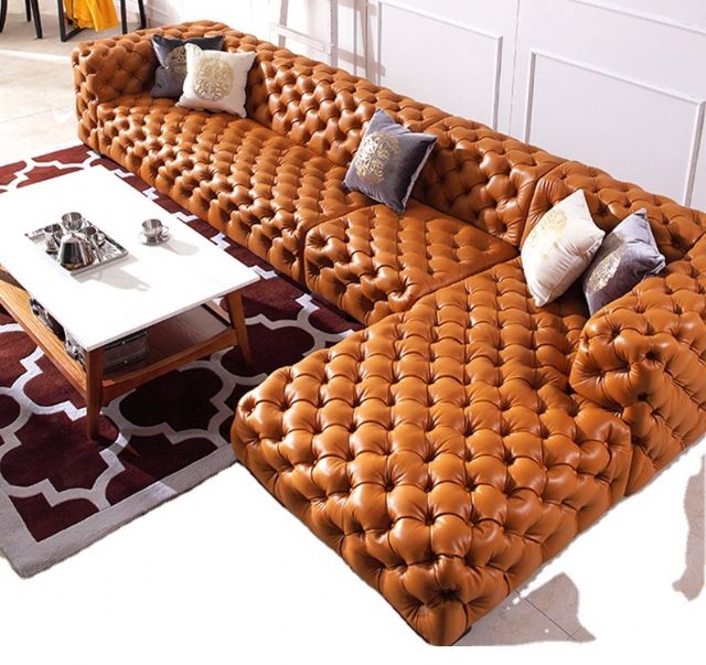 Fully Tufted Decor L Chesterfield Sofa Corner Sectional Design Luxury Exclusive Fabrics Leather